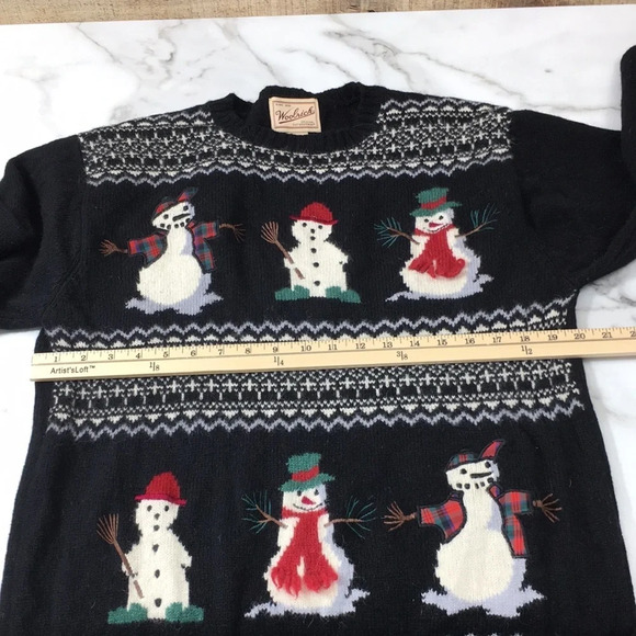 Woolrich Black Knit Snowman Holiday Christmas Womens Large Wool Pullover - Picture 5 of 10